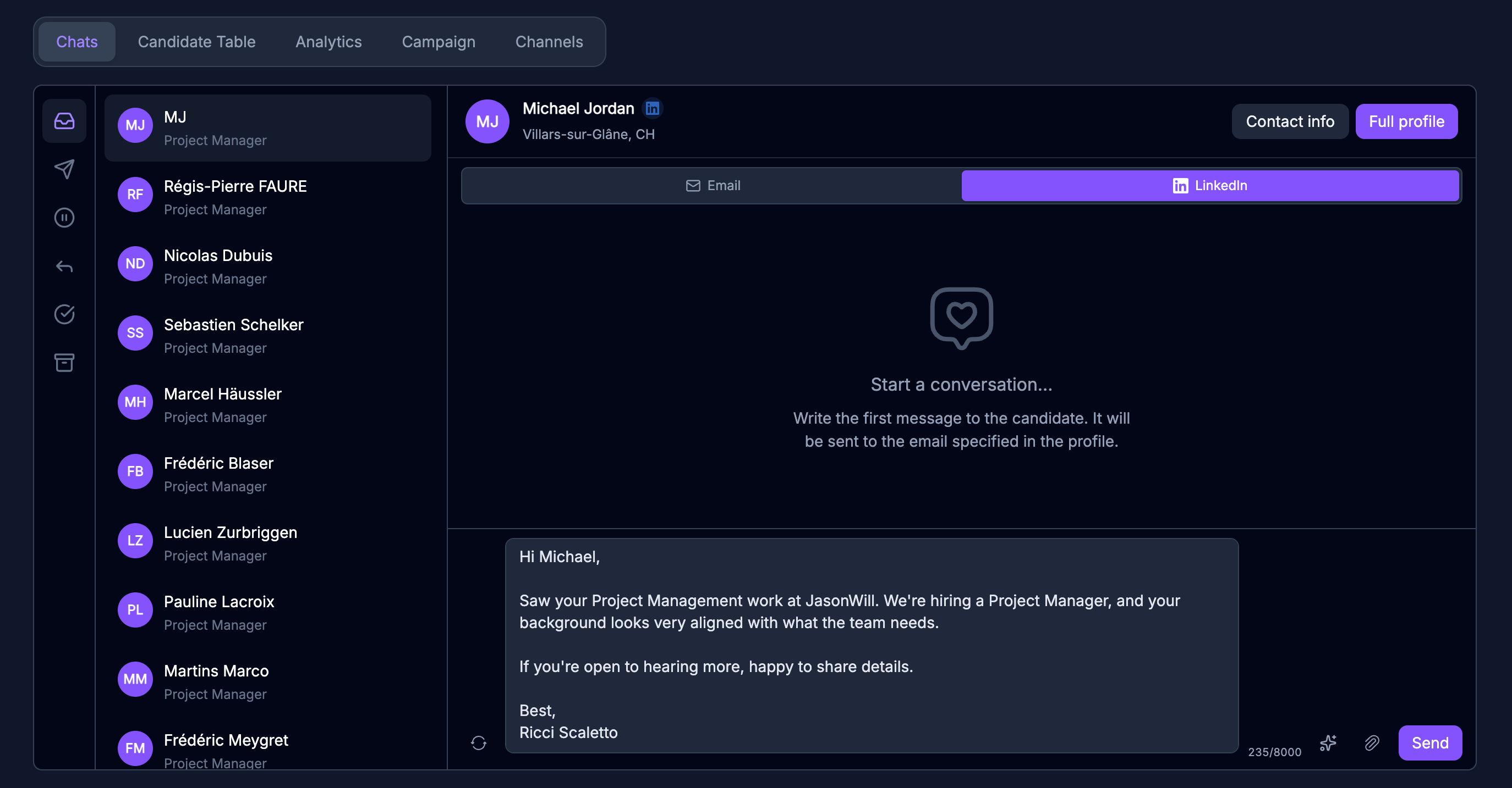 Dashboard di una campagna di contatto con chat candidato e messaggistica automatizzata