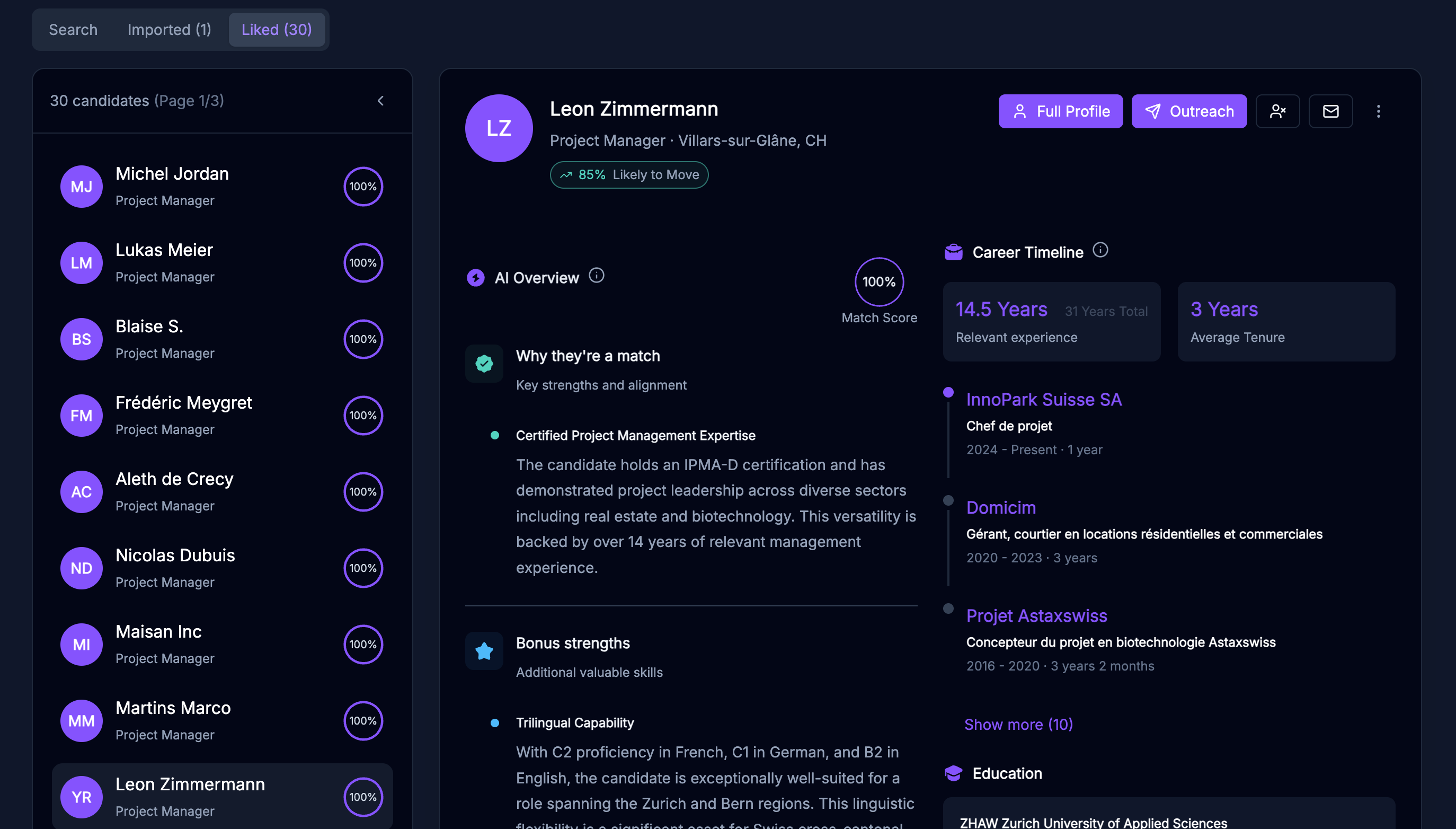 BeskarStaff-Kandidatenbrowser mit einer gerankten Liste und Profilvorschau