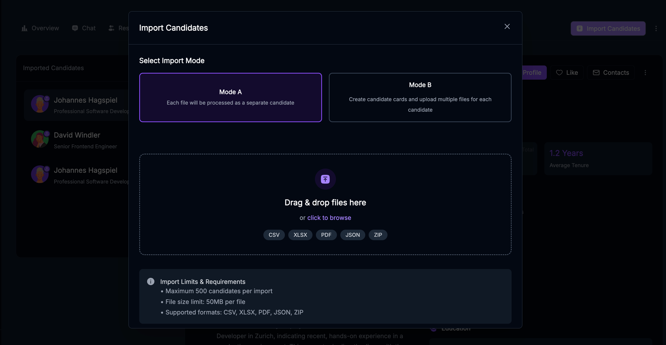 CV import screen with drag-and-drop upload for PDF, CSV, XLSX and ZIP
